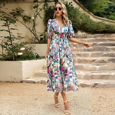 LORENA – Maxi-jurk met print en diepe V-hals