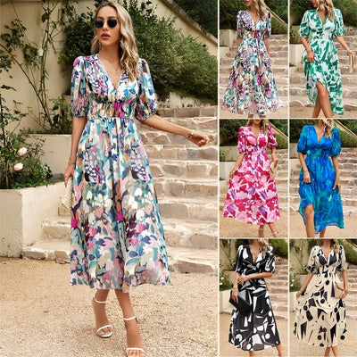 LORENA – Maxi-jurk met print en diepe V-hals